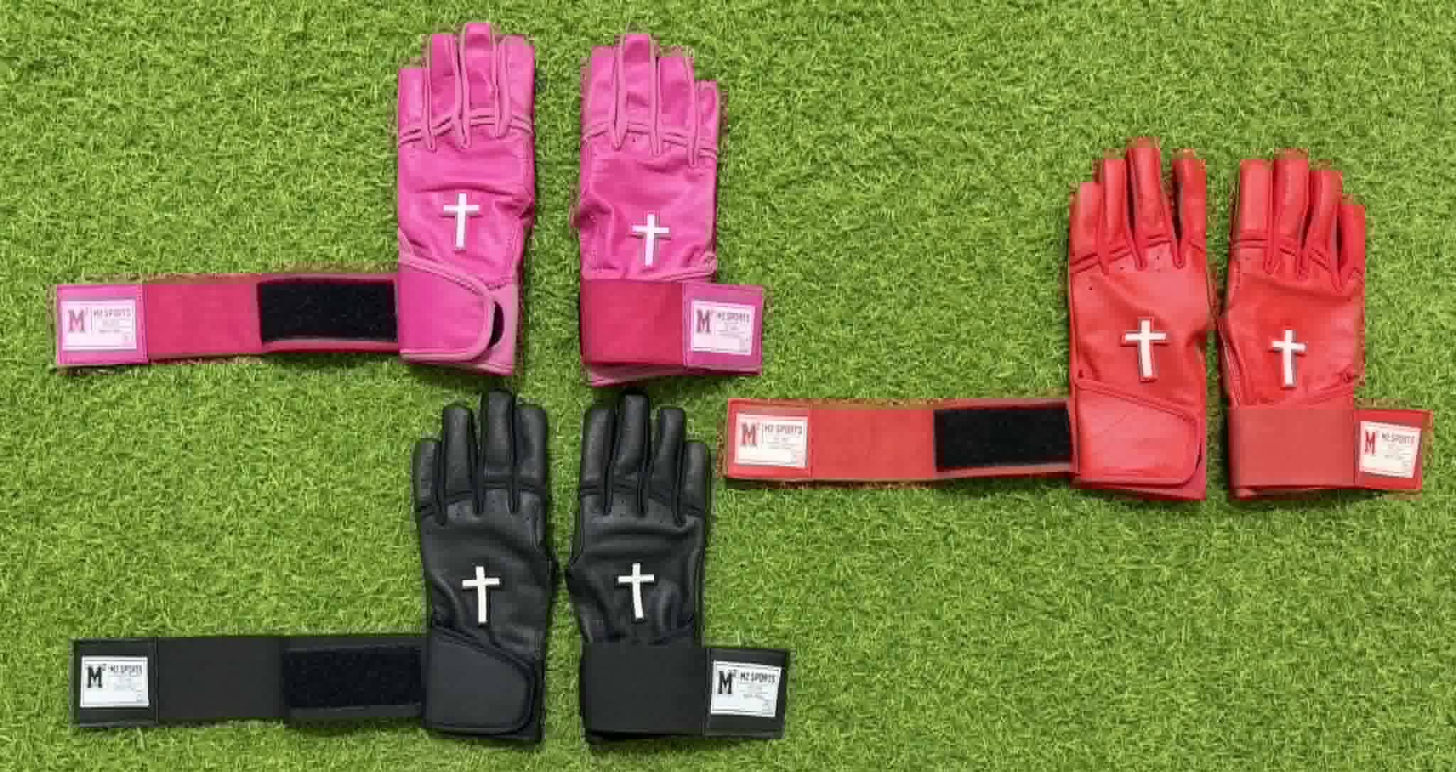 M2 Sports youth batting gloves in pink, red, and black